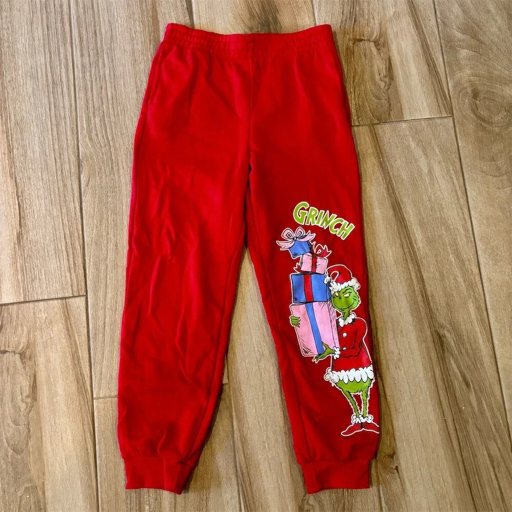 Dr. Seuss Grinch Jogger Sweatpants Womens Size L Red Graphic Fleece